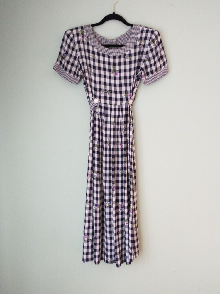 VTG SL Fashions Womens Maxi Dress Sz 6 Petite Blue Plaid Floral Cottage Prairie